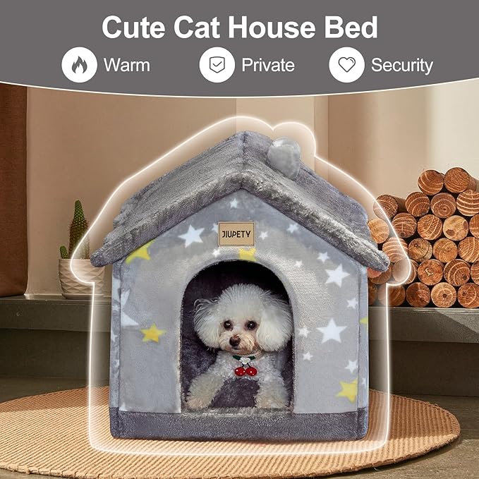 JIUPETY Cute Indoor Dog Houses, Dog Bed with Cover Cave, M Size for 6-11 Lb Dogs and 9-17 Lb Cats, Igloo Pet House with Non-Slip Bottom, Grey