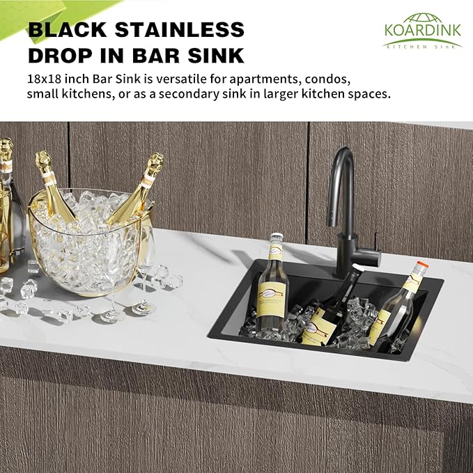 Black Kitchen And Bar Sink, 18x18 Inch Stainless Steel Drop In Modern Single Bowl Small Kitchen And Bar Sink Combo-SS Grid,Silicon Mat,Drain Strainer Set Compatibility With Modern&Classic Style