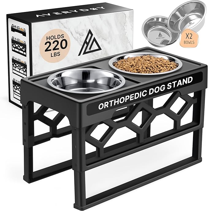 AVERYDAY Small Dog Bowls Elevated, 4 Height Adjustable Raised Dog Bowl Stand with 2 Stainless Steel Food and Water Bowls Set, Tall Dogs Feeding Station with Anti-Slip Base for Small Medium Breeds Dogs