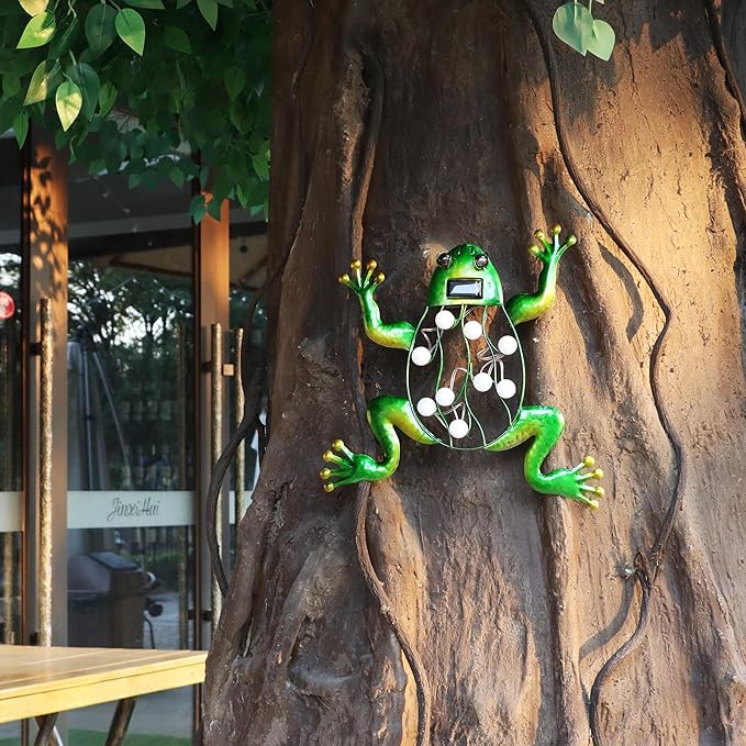 J-Fly Metal Frog Solar Lighted Wall Art Decor Outdoor Garden Fence Art Hanging Decorations for Yard Lawn Balcony Patio 13 * 13 inch Large