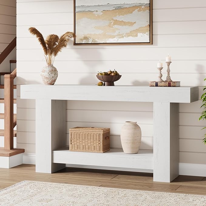 Garvee 63" Farmhouse Console Table with 2 Tiers and Storage – Large Wooden Sofa Table for Entryway, Hallway and Living Room