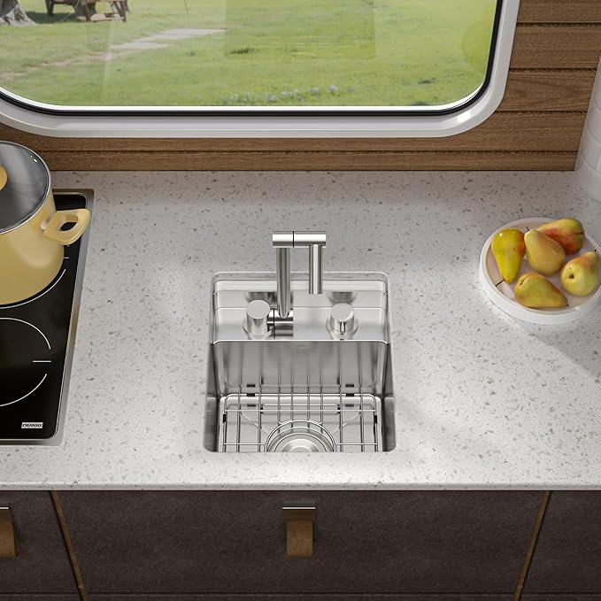 Small RV Kitchen Sink - Fulorni 13"x15" Outdoor RV Camper Mobile Bar Prep Sink Undermount 16 Gauge Stainless Steel Hidden Single Bowl Basin with Foldable Faucet