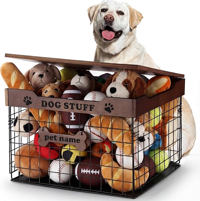 Dog Toy Bin Basket with Lid, 15.4'' Large Metal Dog Toy Storage Box with Bone Handle, Organizer Chew for Living Room, Farmhouse Food Storage Organizer for Leash Chew Blankets Clothes(Brown)