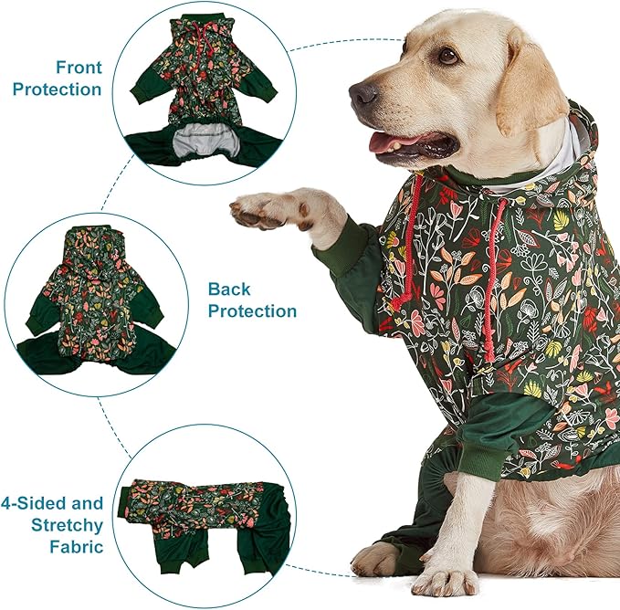 LovinPet Large Dog Onesies Big Pajamas: Wound Care/Post Surgery, Anxiety Relief, Lightweight Stretchy Fabric, Dog Pajamas,Dog Jammies, Reflective Stripe, Dew & Moss Dark Green Print, Pet PJ's /3XL