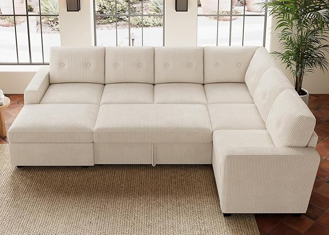 HONBAY 106.2 Inch U-Shaped Sectional Sleeper Sofa with Pull-Out Bed & Storage Ottoman, 7-Seater Sectional Sofa for Living Room, Pet-Resistant Corduroy Couch, Beige