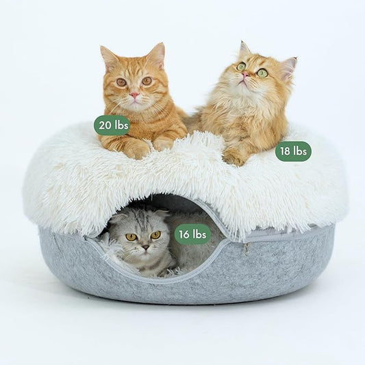 CATTASAURUS Peekaboo Cat Cave for Multiple & Large Cats Up to 30-45 Lbs, Fluffy Cat Beds for Indoor Cats, Scratch Detachable & Washable Tunnel Bed, Comfy Donut Cave (Light Gray, Large (Calming))