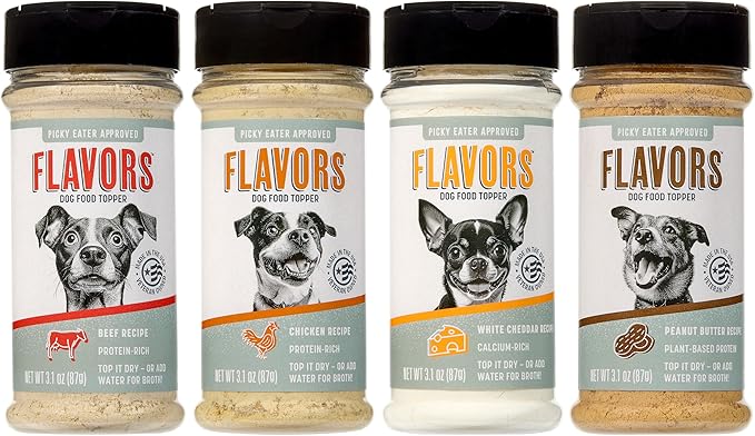 Flavors Food Topper for Dogs - All 4 Recipes Gift Pack - Natural, Grain Free - Perfect Seasoning, Gravy, and Kibble Sprinkle for Picky Dog- 3.1oz Bottles