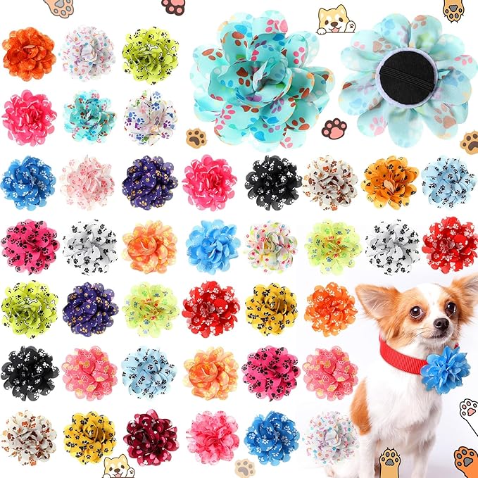 50 Pieces Paw Print Dog Collar Flowers Bulk Cute Footprints Dog Charms Grooming Accessories Bowtie Flower for Puppy Cat Collar Attachment Embellishment Pets Party Costume