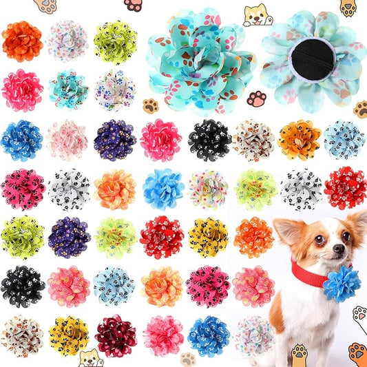 50 Pieces Paw Print Dog Collar Flowers Bulk Cute Footprints Dog Charms Grooming Accessories Bowtie Flower for Puppy Cat Collar Attachment Embellishment Pets Party Costume