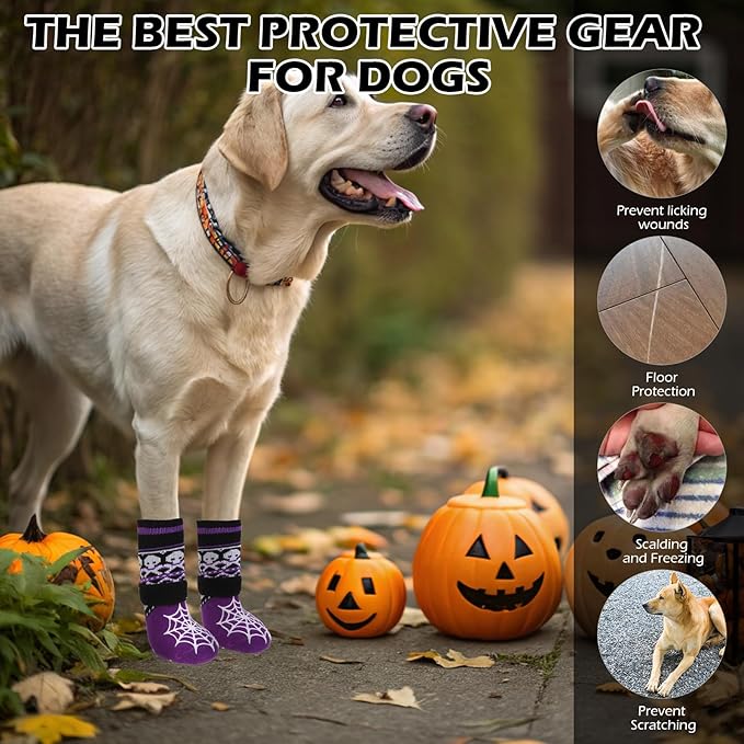 EXPAWLORER Halloween Anti Slip Dog Socks to Prevent Licking Paws, Boots & Paw Protectors with Spider Web Grippers,Doggie Booties for Hardwood Floors for Small Medium Large Senior Dogs Purple Ghost S