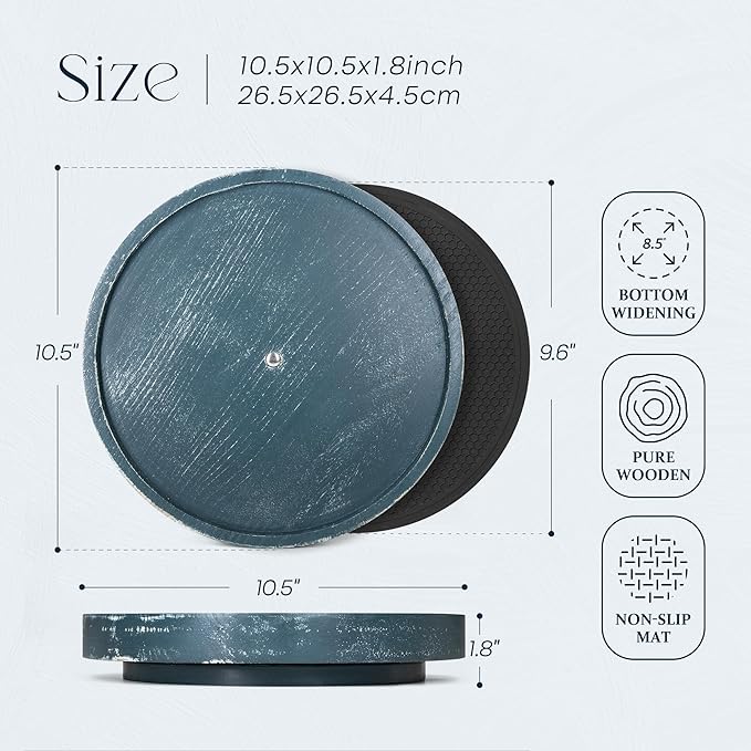 Pine Wood Non-Skid Lazy Susan Organizer Turntable for Bathroom Tray – 10.5" Lazy Susan Turntable for Cabinet, Kitchen Decor & Coffee Table with Rubber Mat - Ideal Coffee Bar Accessories (Blue)