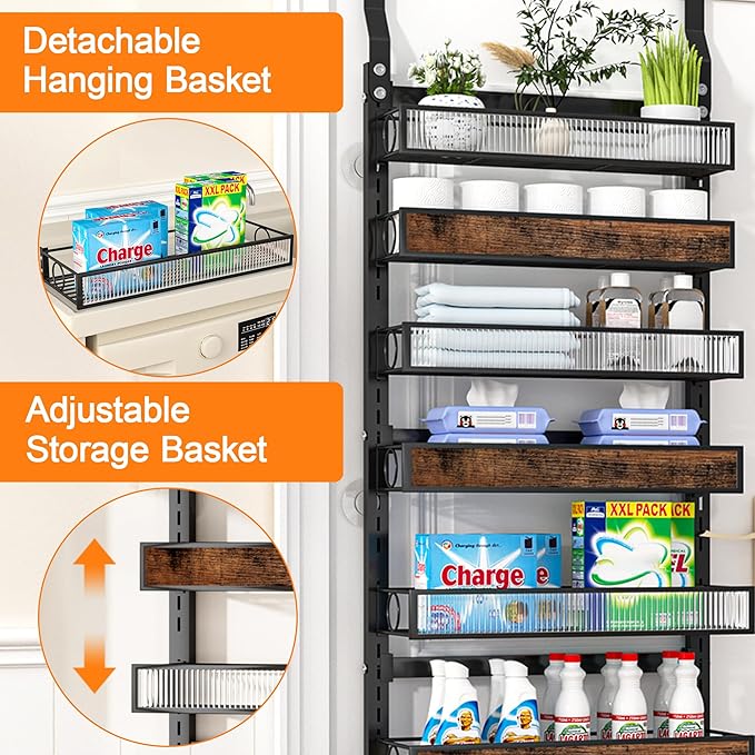 6 Tier Over the Door Pantry Organizer 2 IN 1 Hanging or Wall Mounted Spice Rack with Adjustable Basket,Heavy Duty Seasonning Storage Shelf for Kitchen Pantry and Bathroom,Black