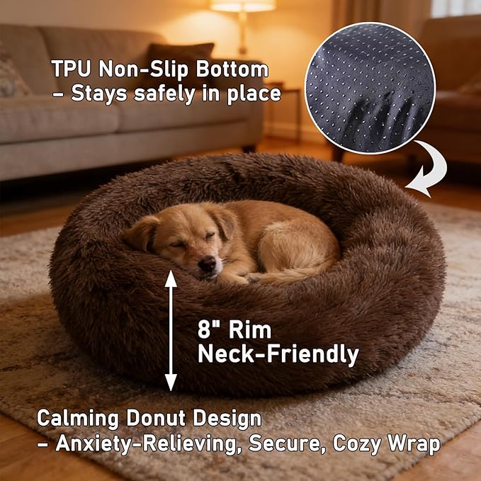 Calming Donut Dog Beds for Small Dogs Cats - Washable Removable Cover Non-Slip Bottom, Round Pet Bed Puppy Bed Warming Fluffy Faux Fur Anti-Anxiety, Fits up to 25 lbs (Coffee, 23")