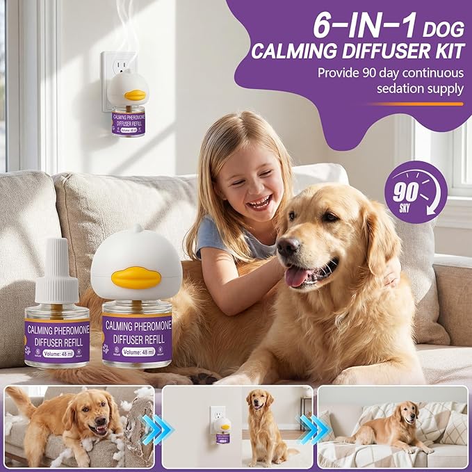 Dog Calming Pheromones Diffuser 6 in 1 Kit Appeasing Pheromone Diffuser to Calm (2 Plug in+4 Pack 48ml Refill) for Anxiety Relief Reduce Aggression Fighting Barking Stress 120 Day