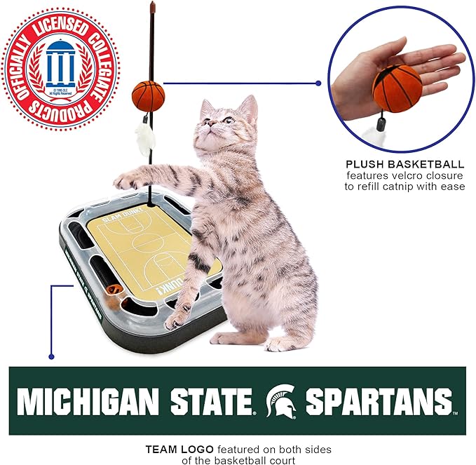 Cat Scratch Toy NCAA Michigan State Spartans Reversible Basketball Court Felt/Cardboard Cat Scratcher Toy. Interactive Cat Ball Bell. 6-in-1 CAT Toy: Cat Wand Poll with Catnip-Filled Plush Basketball