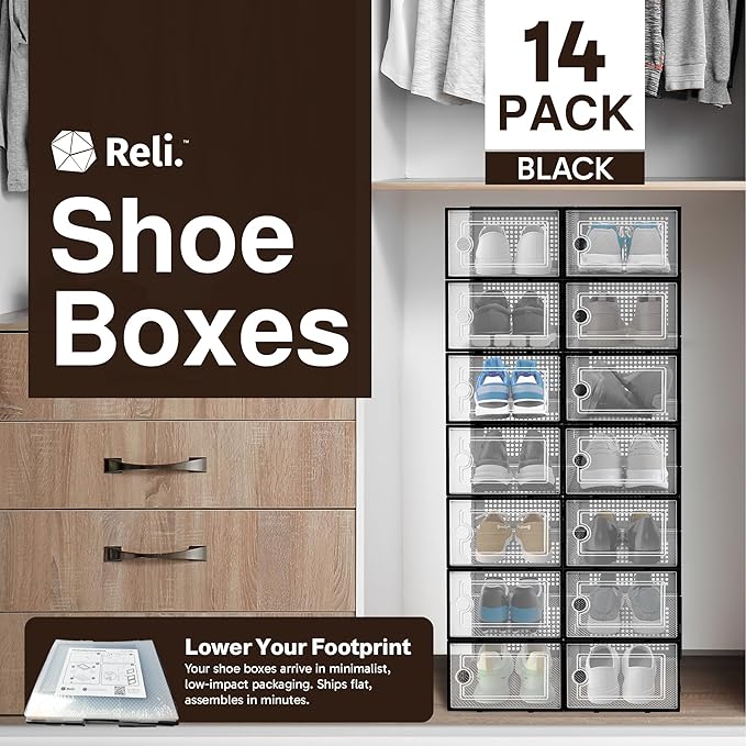Reli. Shoe Boxes (14 Pack) | Clear Shoe Storage Boxes Stackable and Compact | Lightweight Plastic Storage Box with Ventilation Holes, Swing Door | Interlocking Containers, Stackable Rack | Black