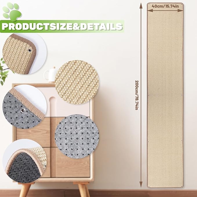 Natural Sisal Cat Wall Climbing Carpet, Wall Scratcher Carpet Mat Pad, Cat Climbing Wall, Tall Scratching Post, Wall Floor Couch Sofa Protector, Scratching Pad for Indoor Cats （78.7" Lx15.7 W, 1PC）