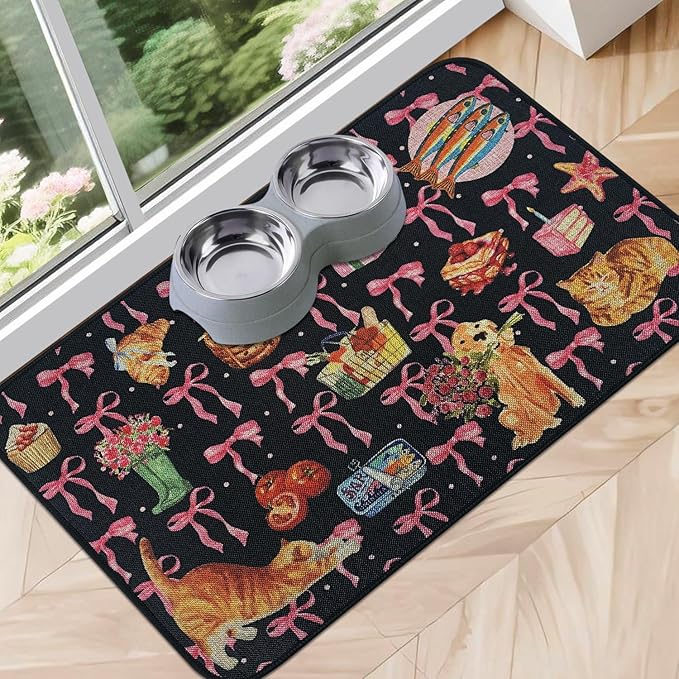 SHIYUE Dog Food Mats for Floors, Absorbent Cat Bowl for Food and Water, Non-Slip Accessories Pet Supplies(17"x30",Black Bow Food)