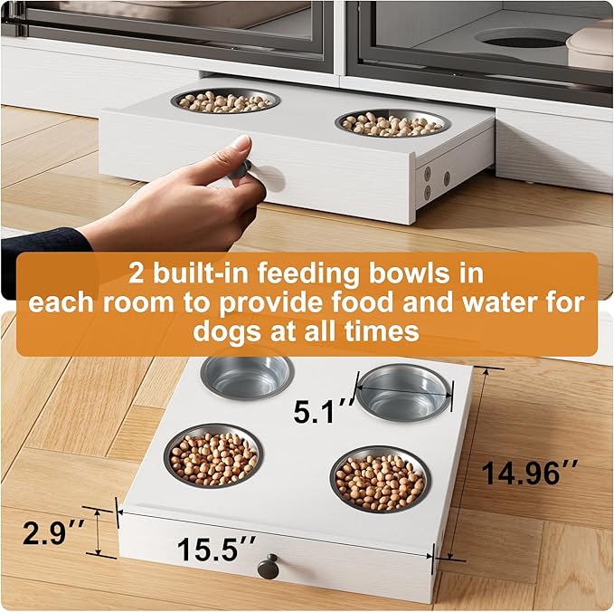 GarveeHome Dog Crate Furniture for 2 Dogs, Dog Kennel Indoor with 4 Storage Drawers and Feeding Bowls, Double Dog Crate TV Stand for Small Medium Dogs, White