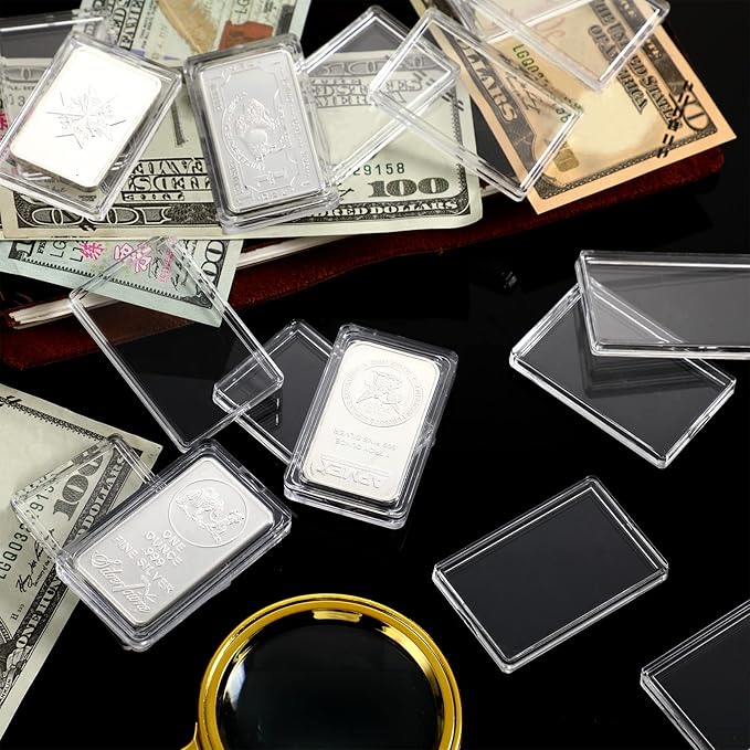 Batiyeer 100 Pcs 1 oz Silver Bar Case Holder Clear Acrylic Bar Capsule Storage Container for 1 Ounce Holder with Plastic Storage Box for Collectors Investors