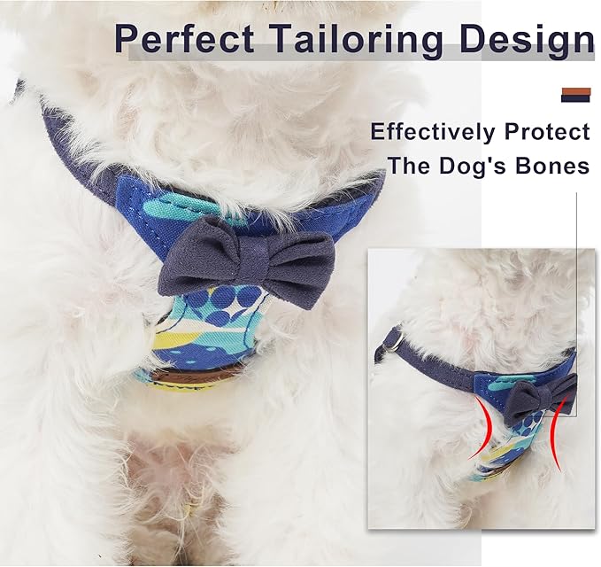 Puppytie No Pull xs Dog Harness with Multifunction Dog Leash,Soft Adjustable No Choke Escape Proof Pet Harness Vest,Suede Bow Navy,XXS