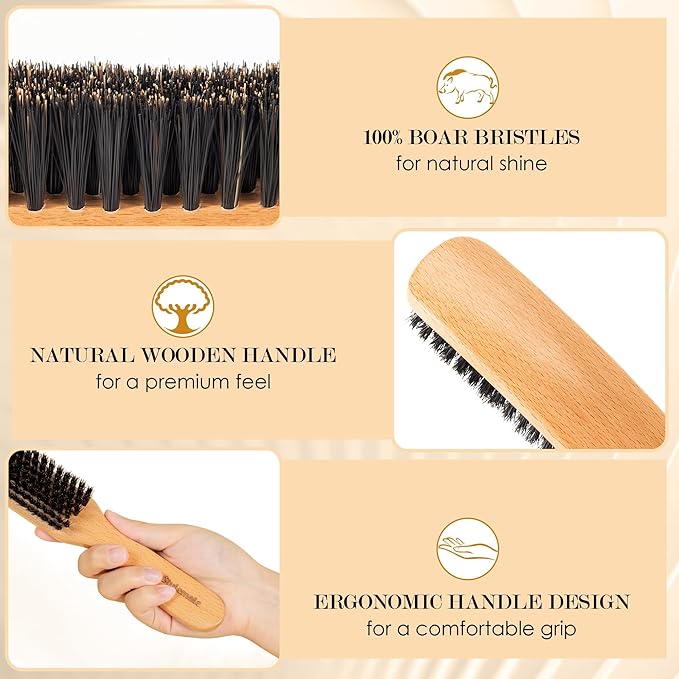 5PCS Slick Back Hair Brush Set, Soft Natural Boar Bristle Hair Brush for Thin & Fine Hair, Rat Tail Comb Edge Teasing Brushes Styling Tool Kit Accessories for Women Kid