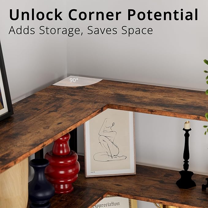 IRONCK Corner Bookshelf, Vintage Industrial Bookcase 6 Tier with Storage Cabinets, 70" Wooden Book Shelf with Metal Frame for Living Room, Office, Bedroom