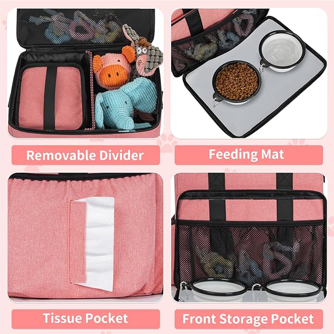 Dog Travel Bag,Large Pet Travel Bag for Supplies with 2 Food Container and Collapsible Bowls,Dog Travel Supplies Organizer Kit for Weekend,Road Trips,Camping