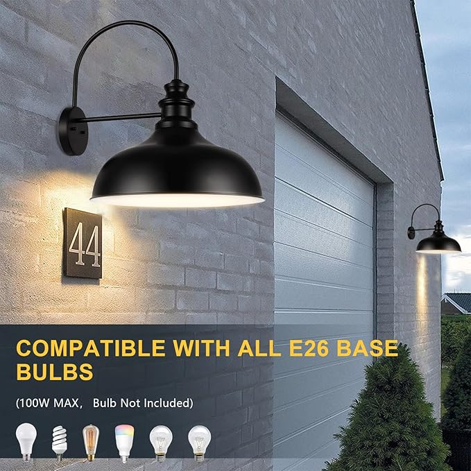 Barn Light Outdoor, 20 Inch Dome Exterior Light Fixture Outside for House, Farmhouse Outdoor Wall Mount Light in Black Finish for Porch, Entryway, Garage, Streetway, RZ014 BK