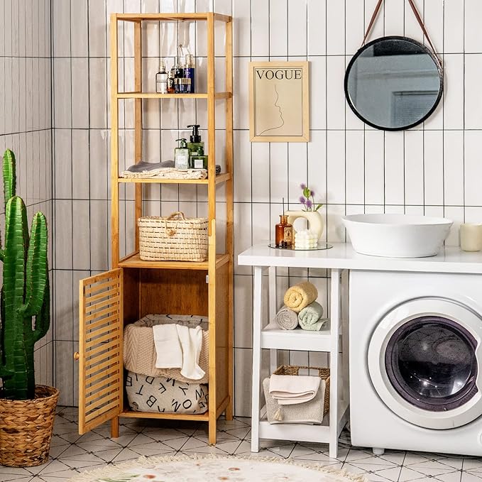 Tangkula Bathroom Cabinet, 65 Inch Tall Slim Bathroom Storage Cabinet with Shutter Door and 3 Open Shelves, Narrow Multifunctional Tower Cabinet, Natural Bamboo, 15.5 x 14.5 x 65 Inch