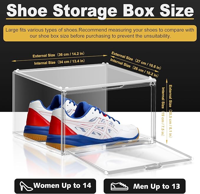 14 Pack Plastic Shoe Boxes Fit US Size 13, Clear Stackable Shoe Display Case with Magnetic Acrylic Door Shoe Containers for Sneaker Storage, Hats, Figure, Collectible