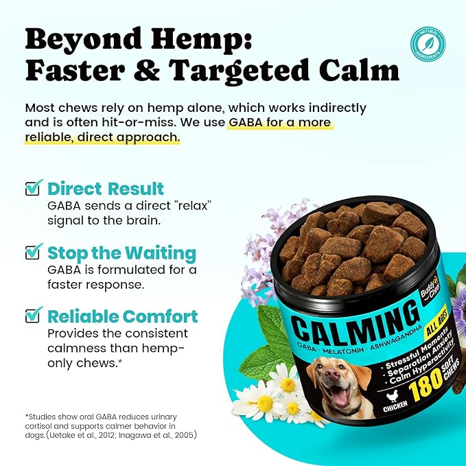 Calming Chews for Dogs – GABA & Melatonin for Fast-Acting Relief – Long-Lasting Support with Ashwagandha – Stress & Anxiety Relief Treats for Dogs – Thunder, Separation, Travel & Fireworks – 180 Chews