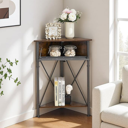 VECELO 3 tier Corner Table/Cabinet with Flip Door and Storage Shelves, Free-Standing Organizer for Compact Space in Living Room/Study/Lobby/Bedroom,Industrial