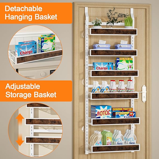 6 Tier Over The Door Pantry Orangizer 2 IN 1 Wall Mounted or Hanging Spice Rack with Adjustable Wood Basket,Heavy Duty Seasoning Storage Shelf for Kitchen Pantry and Bathroom