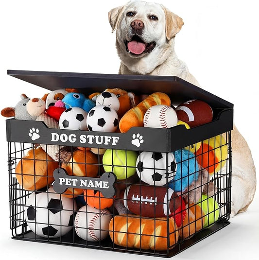 Dog Toy Bin Basket with Lid, 15.4'' Large Metal Dog Toy Storage Box with Bone Handle, Organizer Chew for Living Room, Farmhouse Food Storage Organizer for Leash Chew Blankets Clothes(Black)