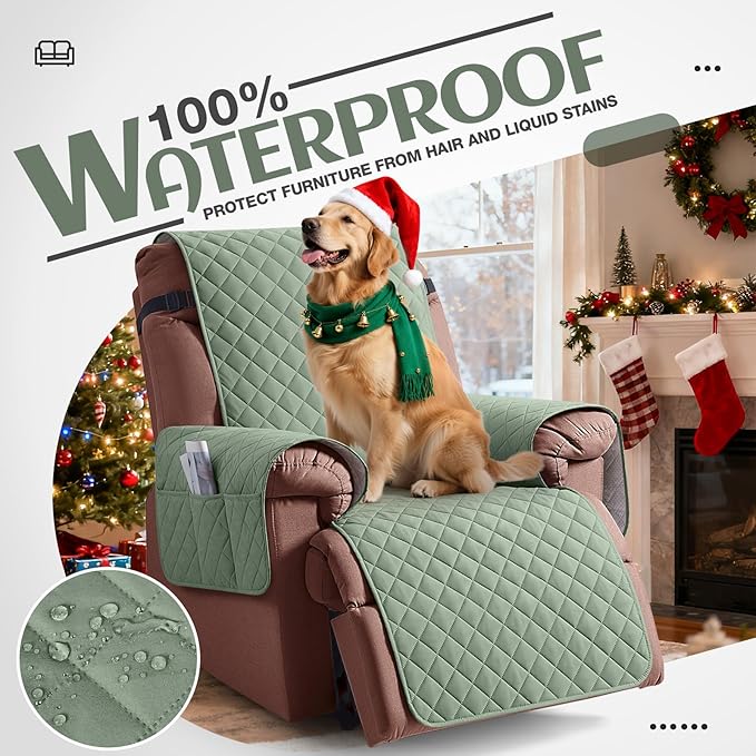 KinCam 100% Waterproof Recliner Chair Cover, Reclining Couch Covers for Pets, Dogs, Recliner Couch Slipcover Furniture Protector with Elastic Straps for Kids(23.6", Sage Green)