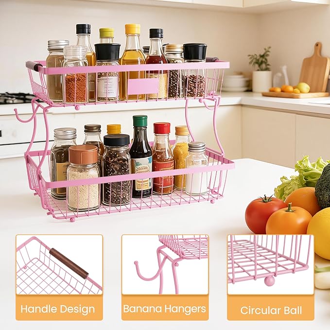2-Tier Stackable Wire Basket with 2 Banana Hooks, Pantry Organizer for Kitchen Countertops, Cabinets & Under-Sink Spaces; Ideal for Storing Snacks, Fruits, Veggies, Onions, Potatoes, & More，Pink