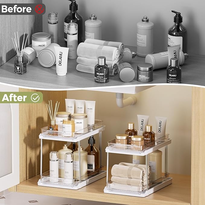 Delamu 2-Tier Bathroom Under Sink Organizers and Storage, Pull Out Cabinet Drawers with Anti-Slip Design, Multi-Purpose Storage for Kitchen, Pantry, Bathroom & Home Organization, 1 Pack