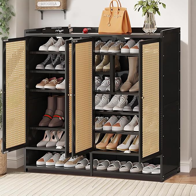 Bamboo Shoe Cabinet, 36-40 Pairs 8 Tier Shoe Rack with Doors, Freestangding Shoe Cabinet Organizer with Shelves, 43" Tall Shoe Rack Organizer for Entryway, Closet, Hallway