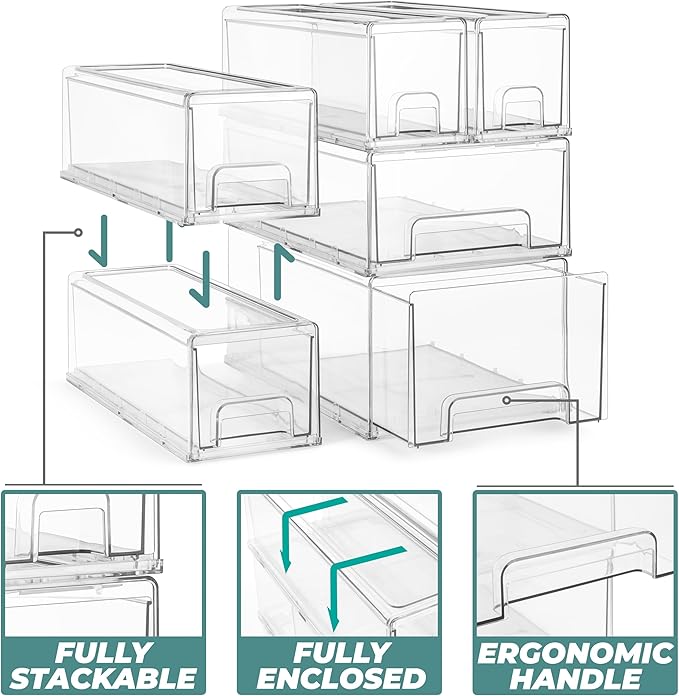 Sorbus Small Clear Stackable Storage Drawers, Plastic Storage Drawers with Handles, Craft, Clothes, Medicine, Makeup, Closet, Art Supply, Shoe, Toy Storage Organizer (2 Pack)
