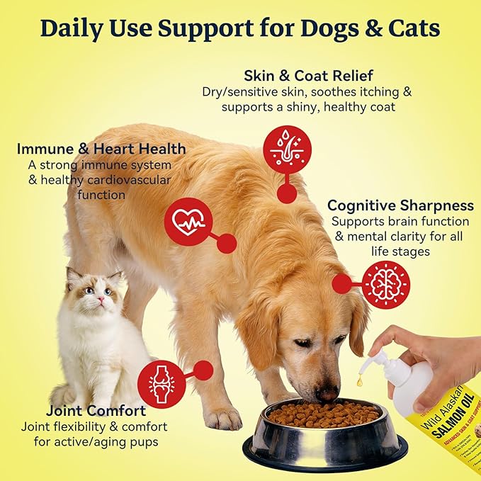 Wild Alaskan Salmon Oil for Dogs & Cats - 32oz Omega 3 Fish Oil with EPA DHA Fatty Acids, Skin & Coat Support, Itchy Relief, Immune & Joint Support, Liquid Food Topper for Heart & Brain Health