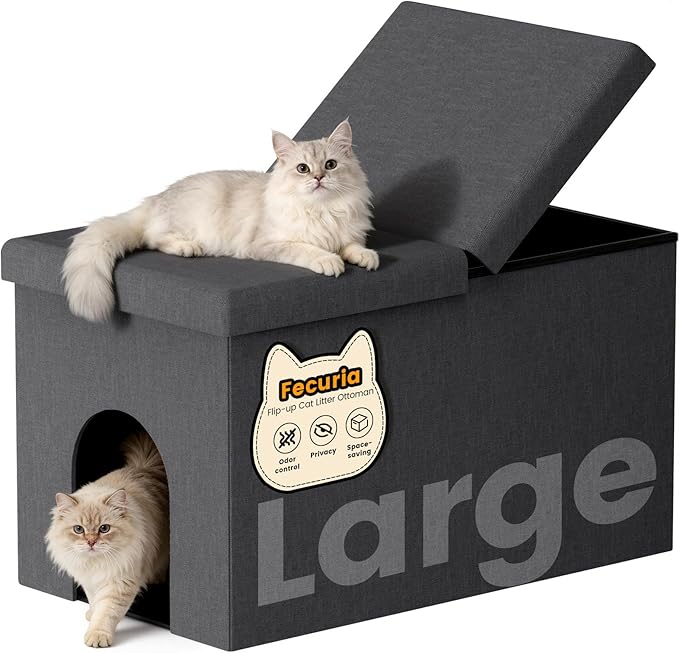 3-in-1 Cat Litter Box Enclosure with Odor Control, Multi-Functional Hidden Litter Box Furniture Bench, Dog Proof, Space-Saving Ottoman Cabinet with Flip-Up Lid, Storage Footrest, Dark Grey