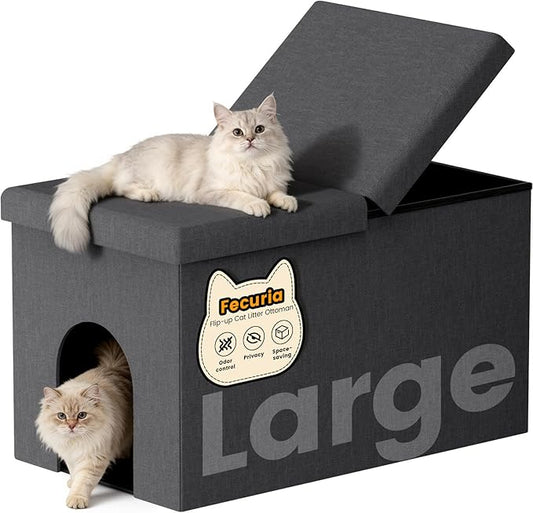 3-in-1 Cat Litter Box Enclosure with Odor Control, Multi-Functional Hidden Litter Box Furniture Bench, Dog Proof, Space-Saving Ottoman Cabinet with Flip-Up Lid, Storage Footrest, Dark Grey