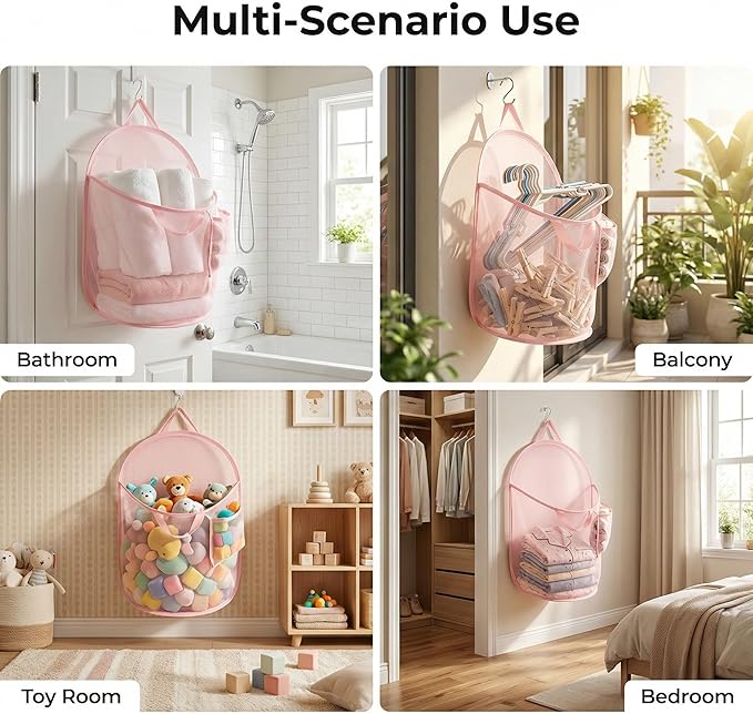 Pink Foldable Mesh Pop Up Laundry Hamper Set with Washing Machine Pet Hair Catcher, Lint Remover & Self-Adhesive Bow Hooks – Breathable and Space-Saving Design for Balcony Laundry Room Organization