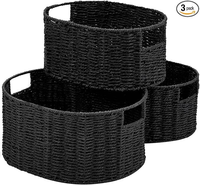 Vagusicc Wicker Basket, Set of 3 Round Storage Baskets for Organizing, Woven Paper Rope Wicker Storage Basket with Handles, Black Cube Storage Organizer Bins Baskets for Shelves & Decor, Black