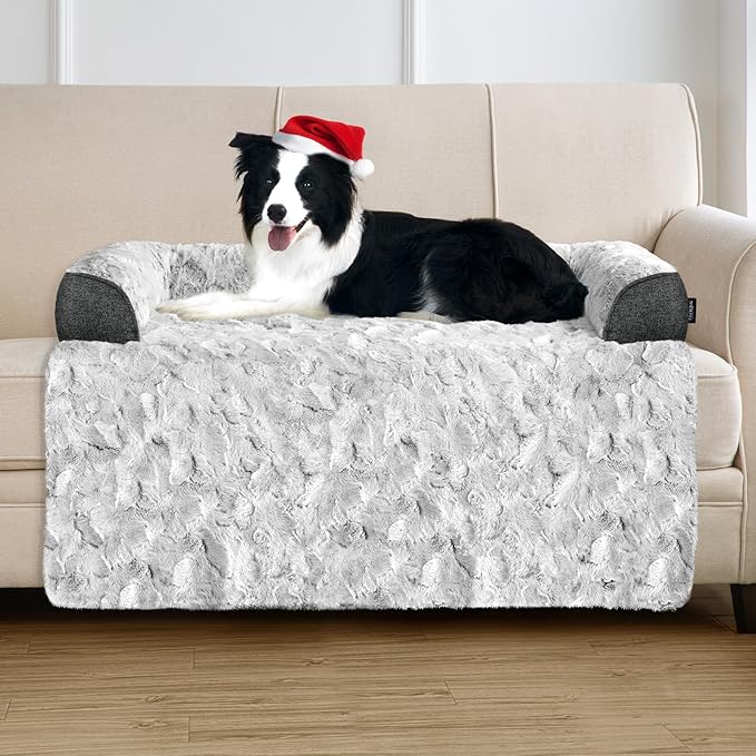 Calming Large Dog Bed for Couch, 41 x 37 inch Removable Couch Cover for Dogs Washable, Non-Slip Fluffy Plush Dog Sofa Mat for Furniture Protector - Grey
