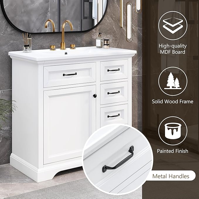 Christopher Knight Home 36" Bathroom Vanity with Ceramic Sink, Wooden Bathroom Vanity Organizer, Bathroom Storage Cabinet, Pedestal Sink Storage Cabinet, Adjustable Door Shelves+Drawer, White