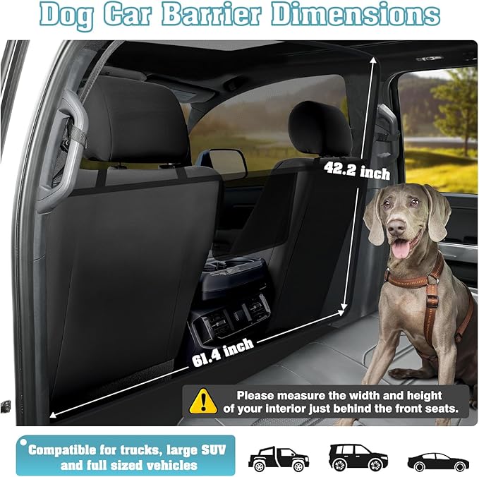Mixsuper Dog Car Barrier, 61.4" Wide, Car Divider for Trucks, Large SUV, One-Piece Escape-Proof Back Seat Mesh Dog Car Net Barrier Black