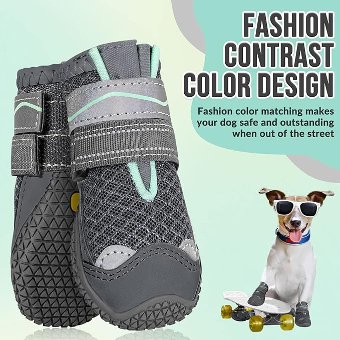 SlowTon Dog Shoes for Large Small Medium Dogs - Breathable Dog Boots for Summer Hot Pavement, Paw Protector for Outdoor Walking Winter Snow, Anti-Slip Rubber Dog Booties for Hardwood Floor (GY, 5)
