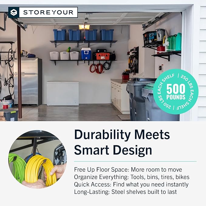 StoreYourBoard Heavy Duty Garage Shelf Wall Mount 1ft x 6ft – Wall-Mounted Shelving for Storage & Organization – Heavy Duty Garage Shelves for Tools, Bins, & Equipment – Holds 200 lbs - Black